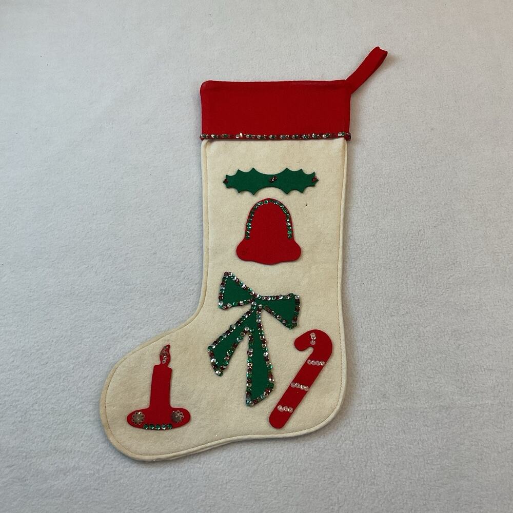 Christmas Stocking Handmade Felt Sequins White Red Green Candy Cane Bow Bell